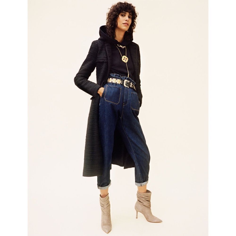 Zara 1975 Denim Pull-On Paperbag Waist Front Patch Pockets Balloon Tapered Jeans